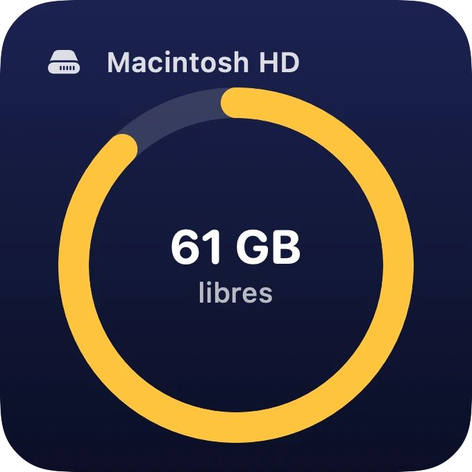 Widget pequeño: Macintosh HD, 61 GB libres, anillo ámbar.